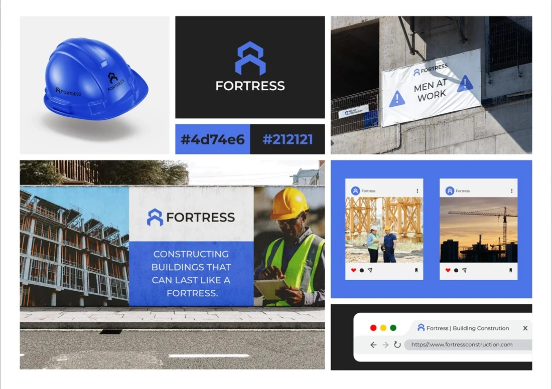 Fiktives Branding Konzept Fortress mit Logo und Anwendungsbeispielen