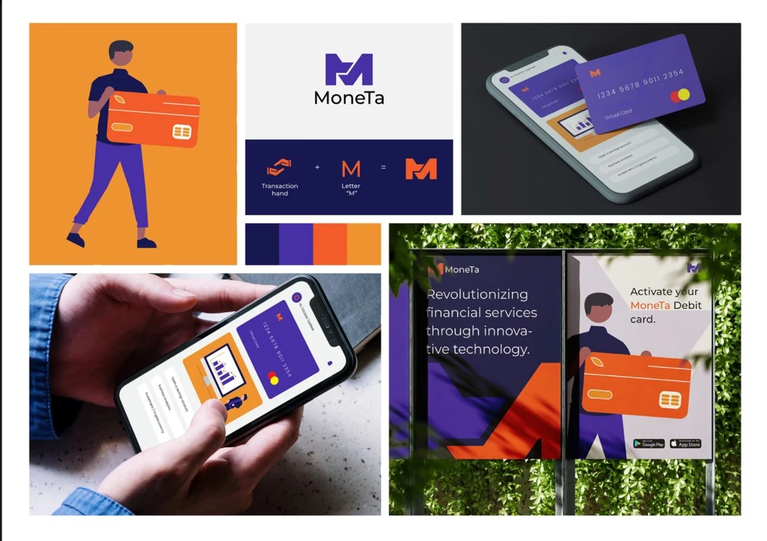 Fiktives Branding Konzept Moneta mit Logo und Anwendungsbeispielen