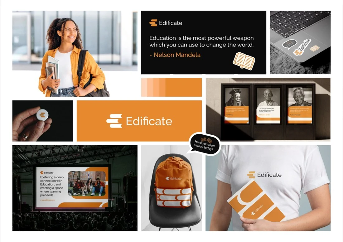 Fiktives Branding Konzept Edificate mit Logo und Anwendungsbeispielen