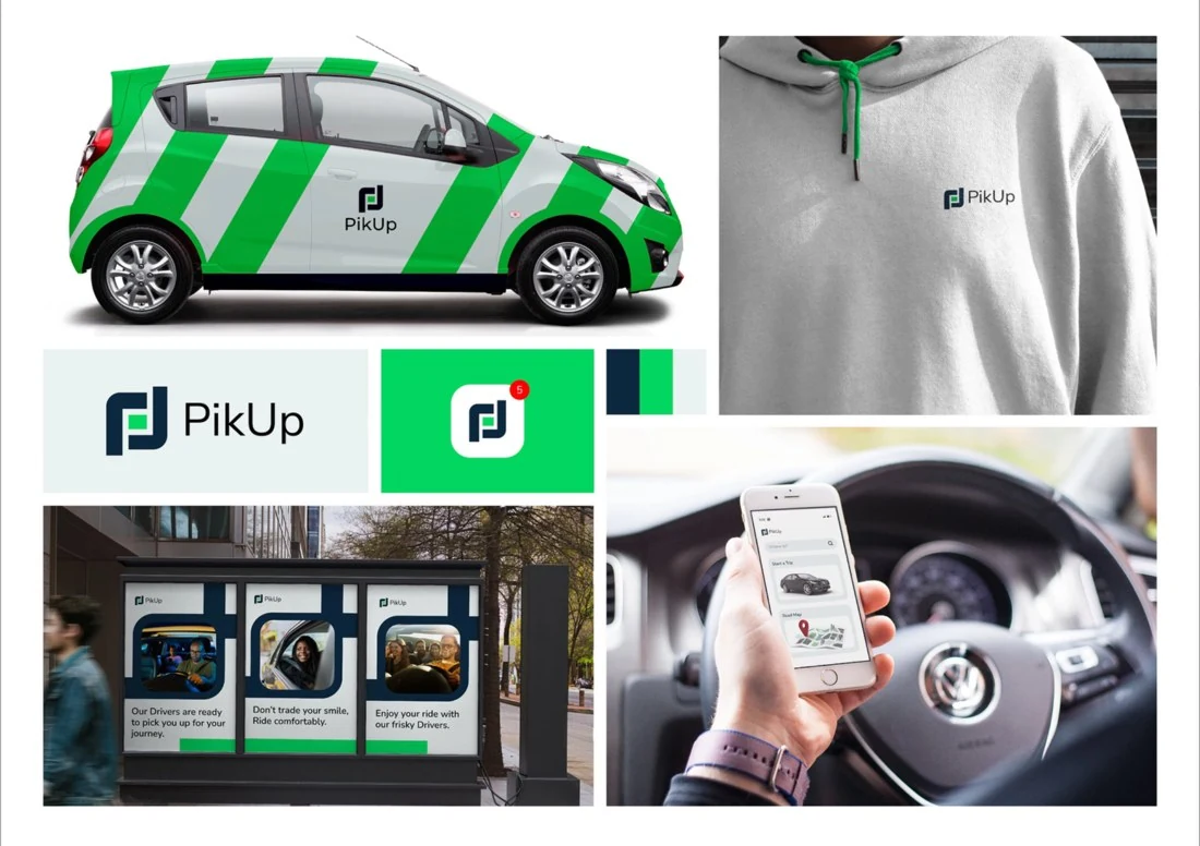 Fiktives Branding Konzept PikUp mit Logo und Anwendungsbeispielen
