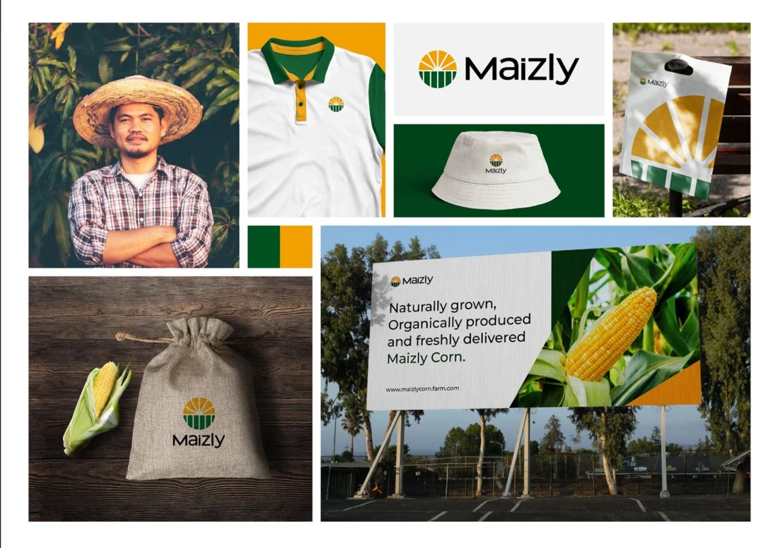 Fiktives Branding Konzept Maizly mit Logo und Anwendungsbeispielen