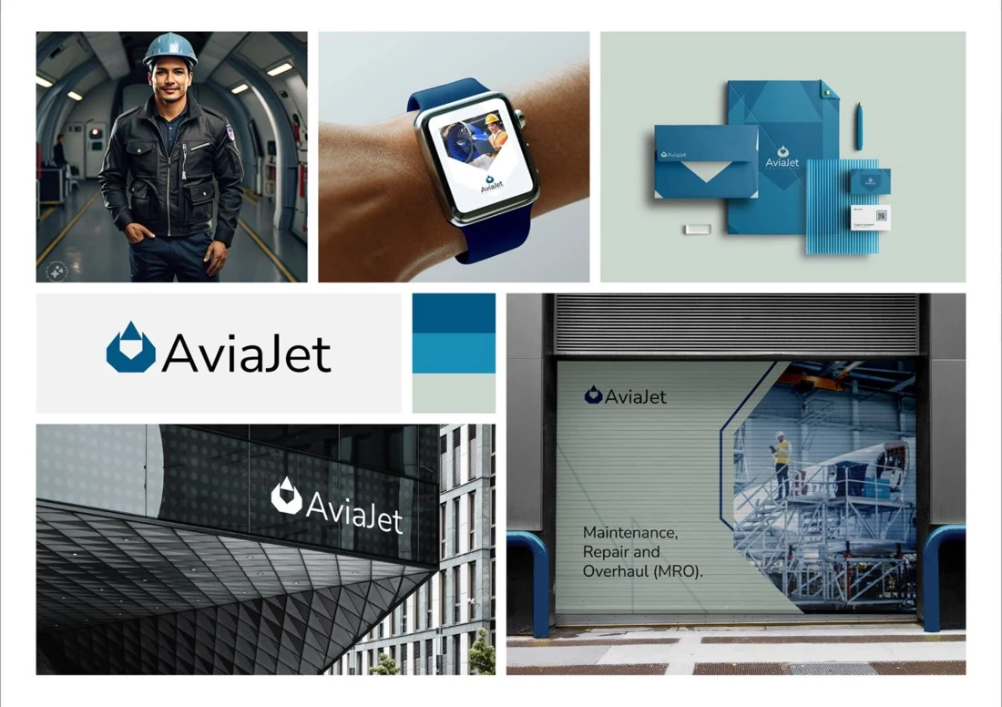 Fiktives Branding Konzept AviaJet mit Logo und Anwendungsbeispielen