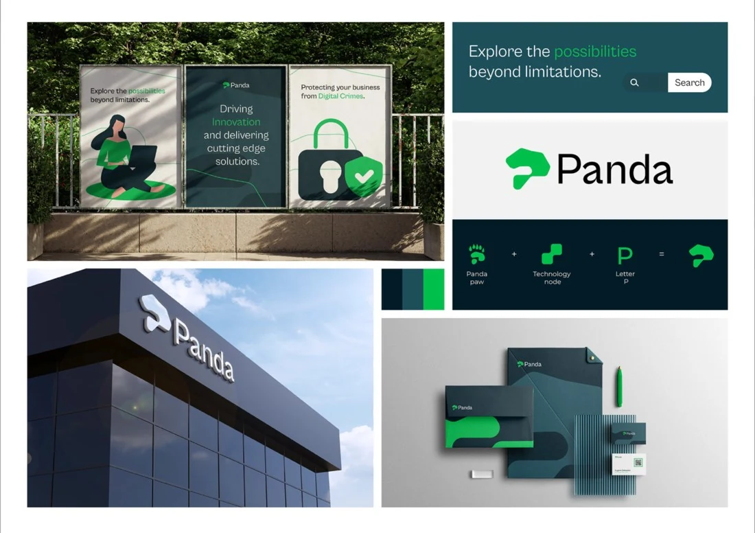 Fiktives Branding Konzept Panda mit Logo und Anwendungsbeispielen