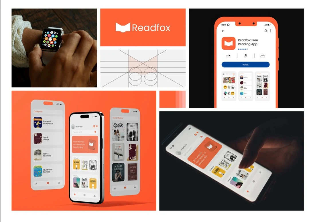 Fiktives Branding Konzept Readfox mit Logo und Anwendungsbeispielen