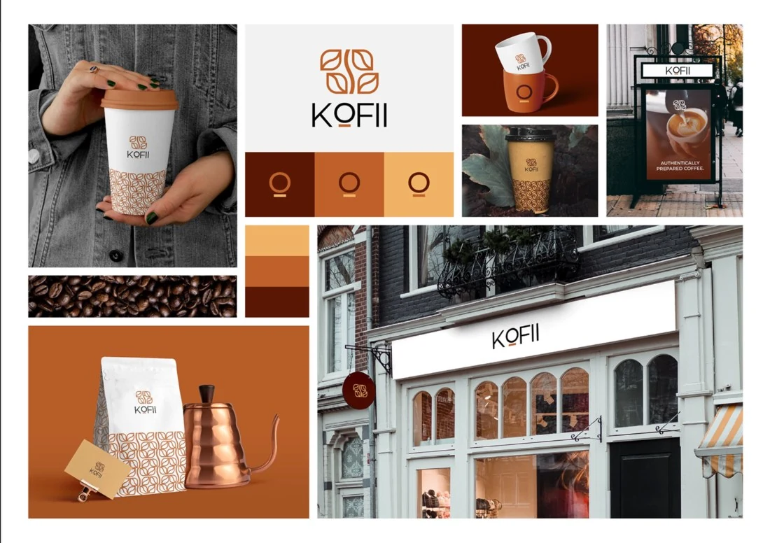 Fiktives Branding Konzept Kofii mit Logo und Anwendungsbeispielen