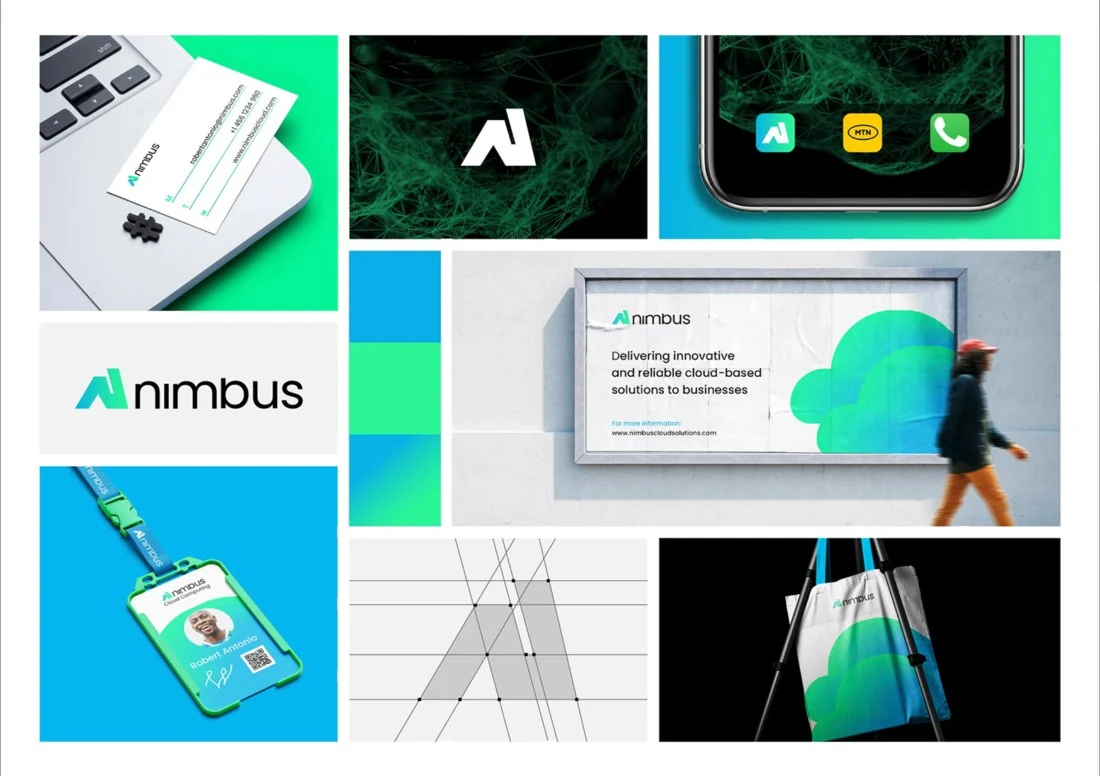 Fiktives Branding Konzept Nimbus mit Logo und Anwendungsbeispielen
