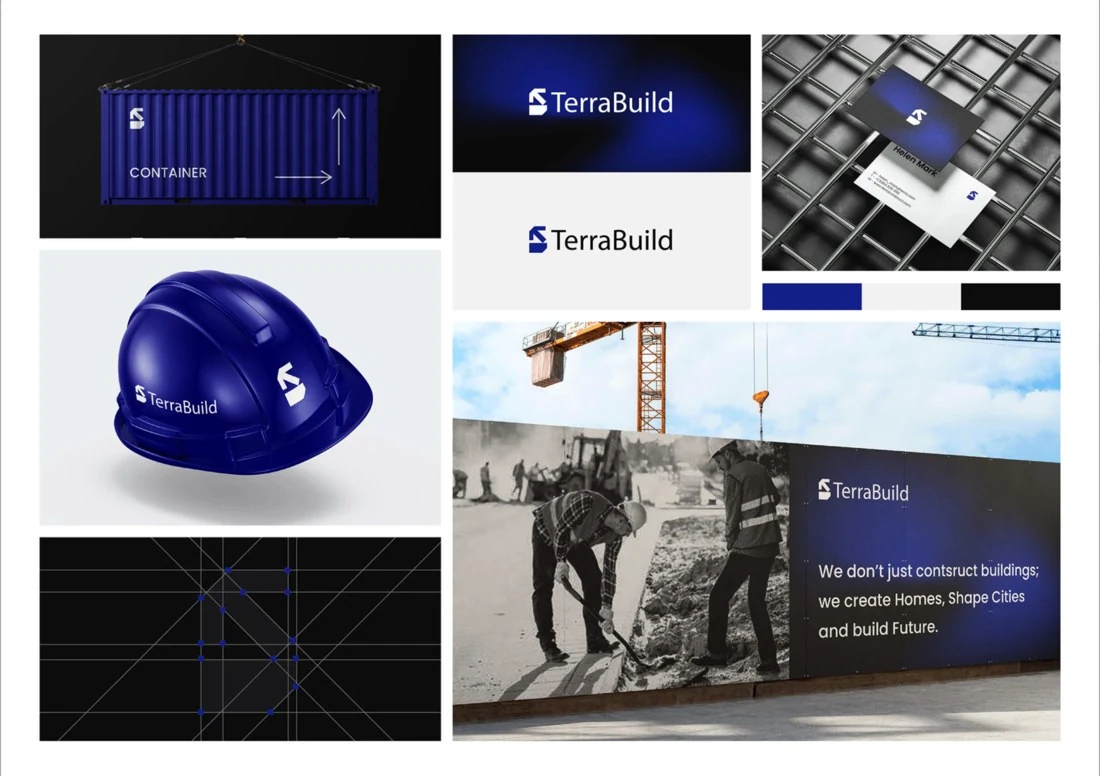 Fiktives Branding Konzept TerraBuild mit Logo und Anwendungsbeispielen