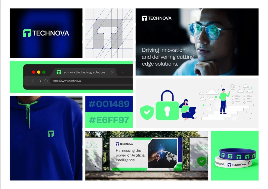 Fiktives Branding Konzept Technova mit Logo und Anwendungsbeispielen
