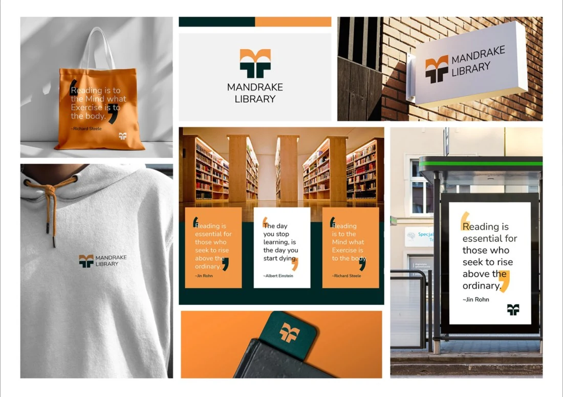Fiktives Branding Konzept Mandrake Library mit Logo und Anwendungsbeispielen