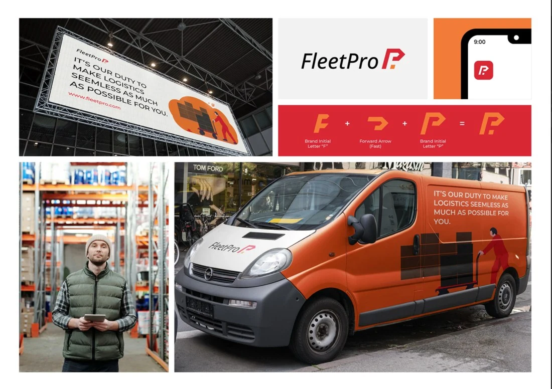 Fiktives Branding Konzept FleetPro mit Logo und Anwendungsbeispielen