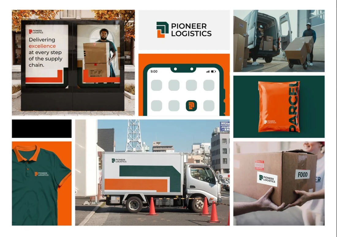 Logo Design Beispiel von Ananasi Ink: Pioneer Logistics: grünes geometrisches Symbol mit orangefarbenen Akzenten auf Lieferfahrzeug und App.