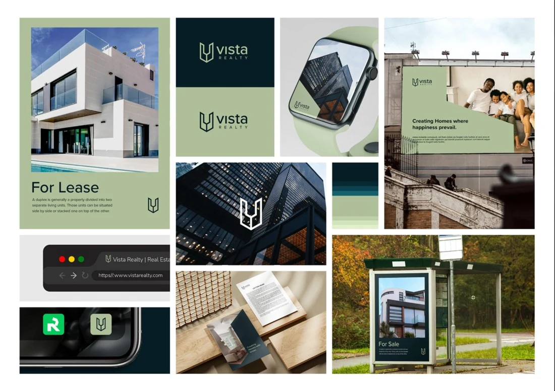 Logo Design Beispiel von Ananasi Ink: Vista: grünes Liniensymbol und Wortmarke auf Immobilienwerbung, Geschäftspapieren und Website.